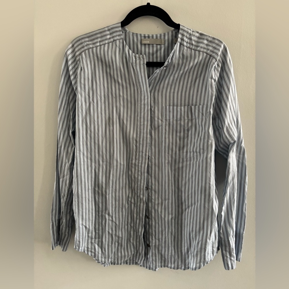 Vince 100% Silk Casual Striped Band-Collar Shirt - Light Blue/White Sz. Small
